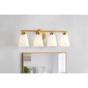 Eastburn 28.13 in. 4-Light Gold Vanity Light with Frosted Glass Shades