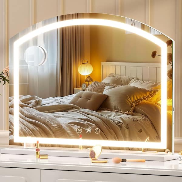 White 32 in W x 24 in. H Arch LED Makeup Mirror Tabletop Mounted Vanity Mirror with 10 x Magnifying Glass