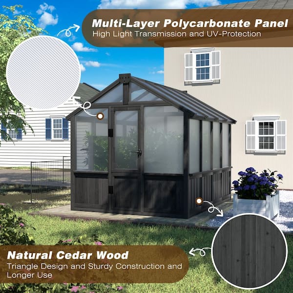6 ft. x 8 ft. Wooden Walk-in Outdoor Greenhouse with Multi-Layer Polycarbonate Panels and Adjustable Roof, Black