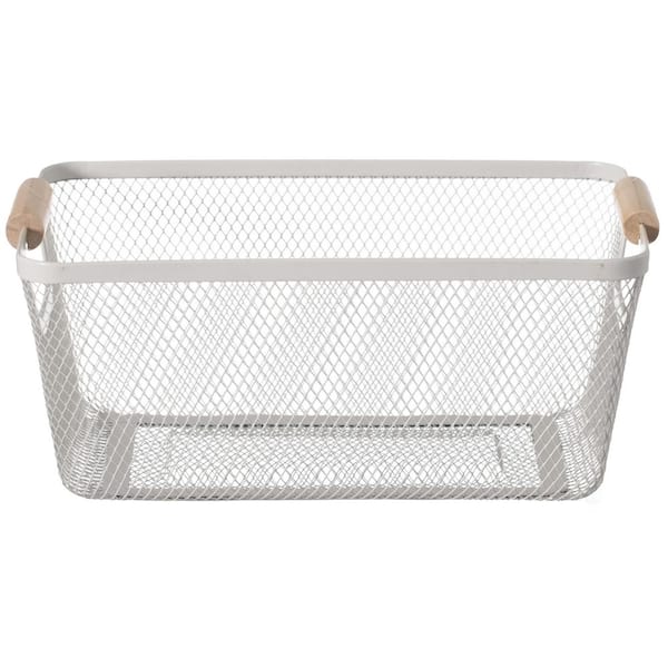 Basicwise White Single Metal Mesh Basket with Wooden Handle for Kitchen and Bathroom, Medium, 5.5 in. H x 12.5 in. W x 8 in. D