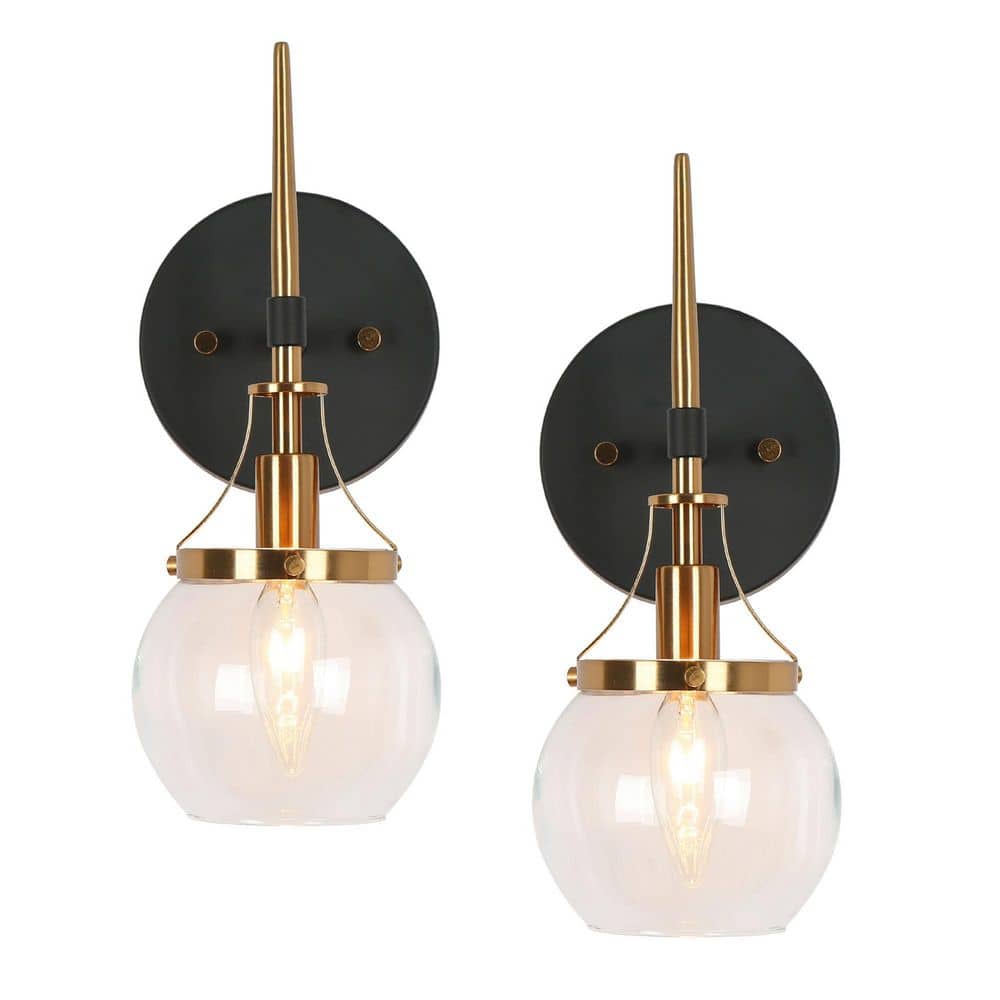 4.9 in. 1-Light Black and Plated Brass Wall Sconce with Globe Clear Glass Shade for Bathroom, 2-Pack price history on PriceWatchPro