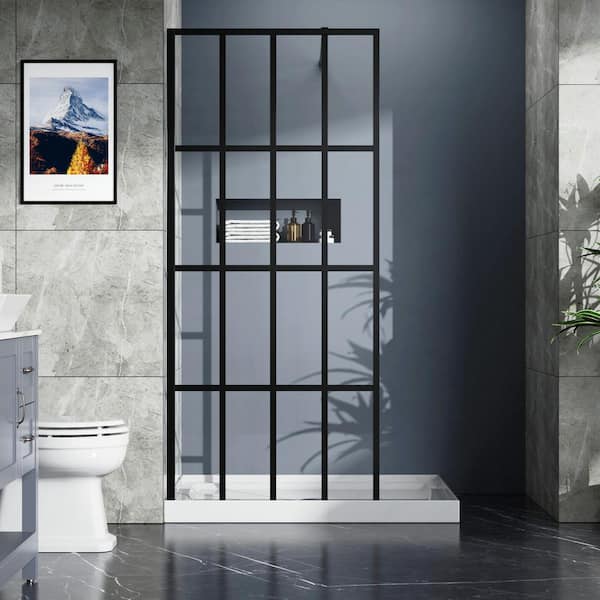 JimsMaison 34 in. W x 72 in. H Fixed Framed  Shower Door in Black with Clear Glass