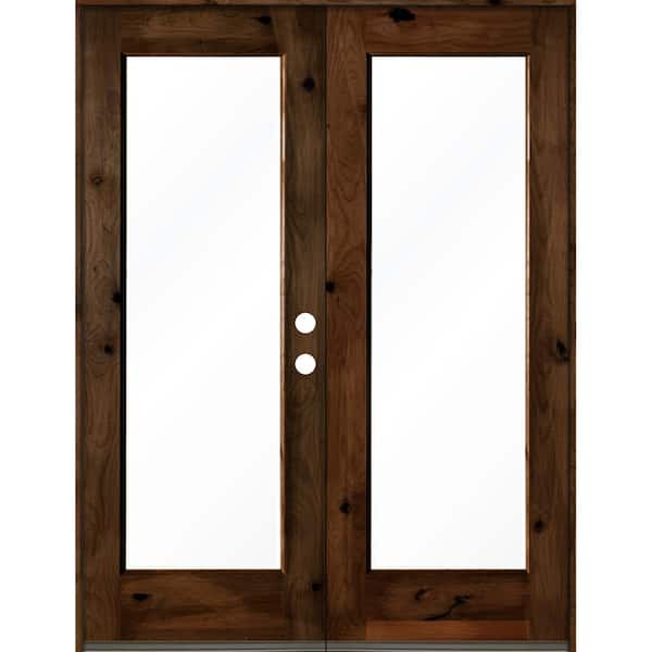 Krosswood Doors 64 in. x 80 in. Rustic Knotty Alder Wood Clear Full-Lite Provincial Stain Left Active Double Prehung Front Door