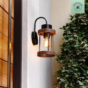 1-Light Matte Black Outdoor Hardwired Wall Sconce with Clear Glass Shade and Faux Wood Accents