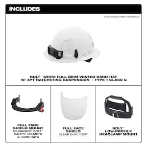BOLT White Type 1 Class C Full Brim Vented Hard Hat w/4 Point Ratcheting Suspension w/Full Face Shield