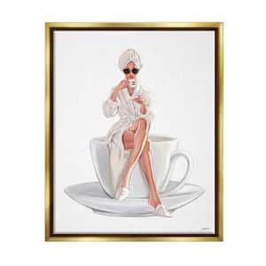 Chic Woman Robe Coffee Cup Designer Logo Sunglasses by Ziwei Li Floater Frame People Wall Art Print 21 in. x 17 in.