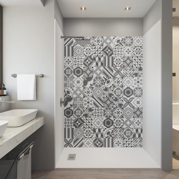 CASTICO Tile Insp. 60in. x 32in. x 84in. Alcove Solid Composite Stone Shower Kit -Mosaic Gr. Shower Walls L/R WH Shower Pan Base