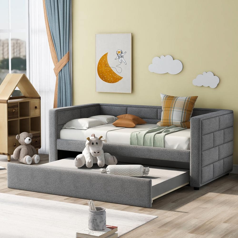 Gray Upholstered Twin Daybed with Pine Wood Frame and Trundle