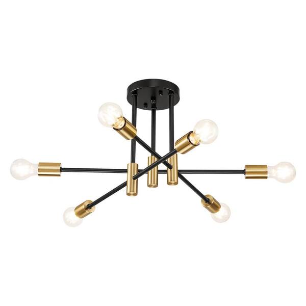 RRTYO Lipinski 24.4 in. 6-Light Black Gold Sputnik Semi-Flush Mount