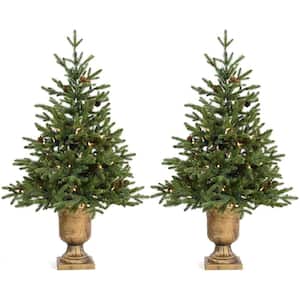 3 ft. Noble Fir Artificial Trees with Metallic Urn Bases and Battery-Operated LED String Lights (Set of 2)