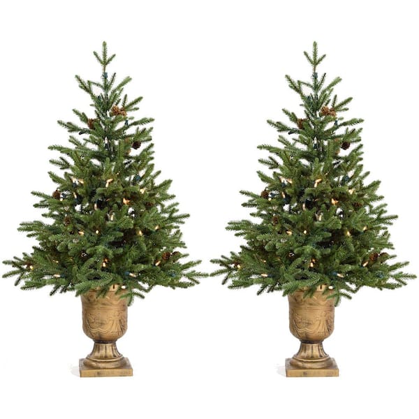Fraser Hill Farm 3 ft. Noble Fir Artificial Trees with Metallic Urn Bases and Battery-Operated LED String Lights (Set of 2)