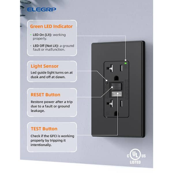 20 AMP 125V Duplex Tamper Resistant Self-Test GFCI Outlet with Night Light w/Screwless Wall Plate UL Listed BLK (6-Pack)