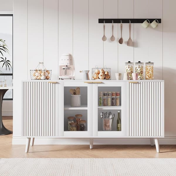 JASIWAY Modern White Particle Board 55.12 in. Buffet Sideboard Cabinet with Glass Doors