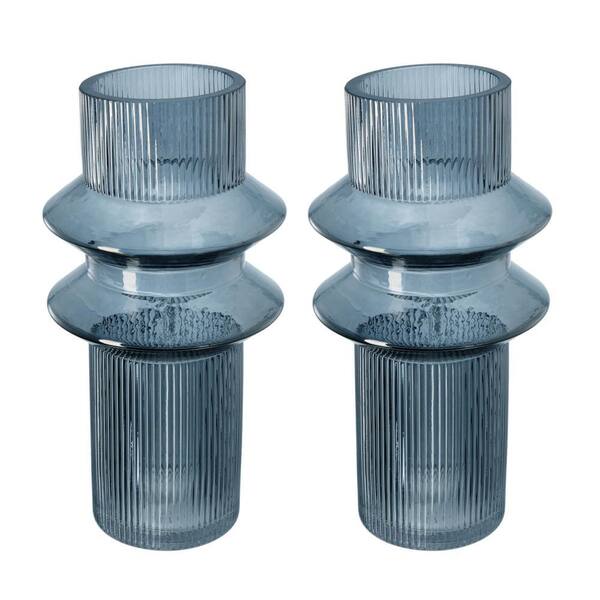 Benjara Blue and Clear Pot Glass Geometric Vases (Set of 2)