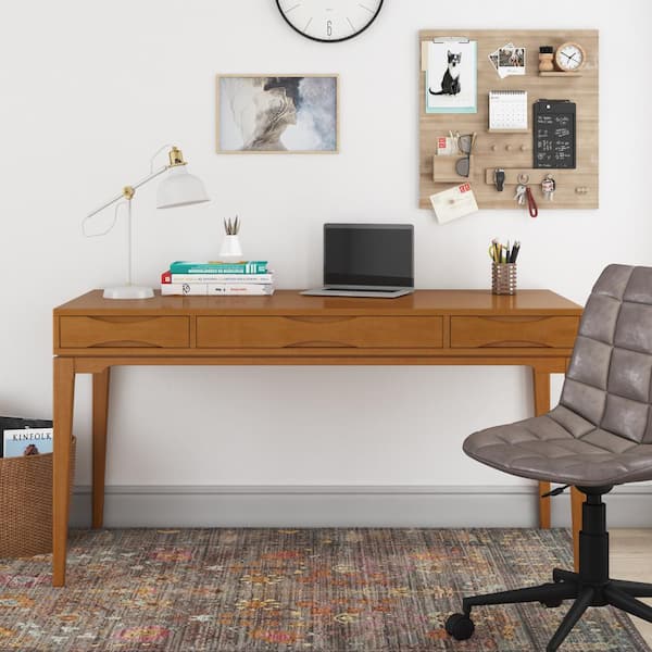 Simpli Home Harper Solid Hardwood Desk in Light Golden Brown