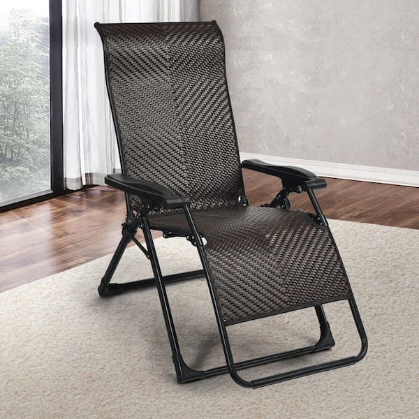 Black Folding Zero Gravity Wicker Outdoor Lounge Chairs in Brown Seat (2-Pack)