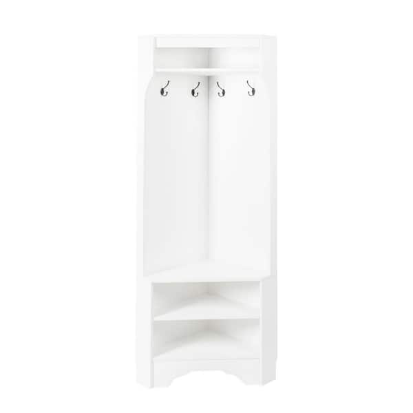 Unbranded White 29.5 in. W x 18.2 in. D Minimalist Particle Board Corner Adjustable Decorative Wall Shelf, Cabinet with 4-Hooks