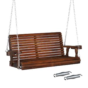 4 ft. 2-Person Rustic Pine Wood Patio Porch Swing with XL Size Seat Depth and Backrest and Cup Holders, Support 880 lbs.
