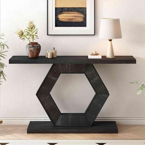 55.1 in. Black Hexagon Wood Console Table Entryway Table