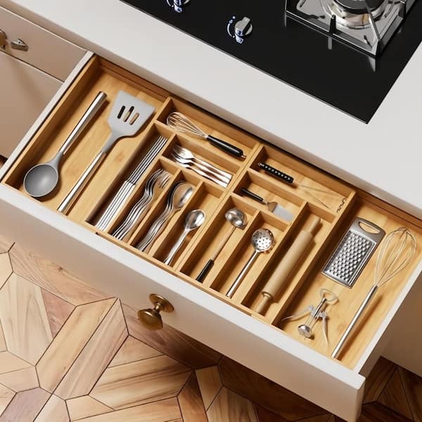 13-Slot Magnetic Silverware Organizer, 21 to 37.4 in. Expandable Flatware and Cutlery Holder, Utensil Tray, Natural