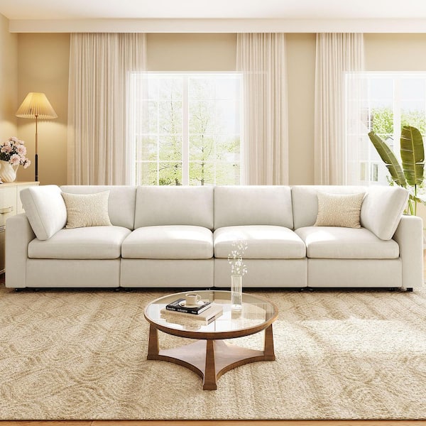 113 in. Chenille Modular Sectional Sofa in Beige with Storage Arm, Wireless Charging, Immersive Bluetooth Speaker
