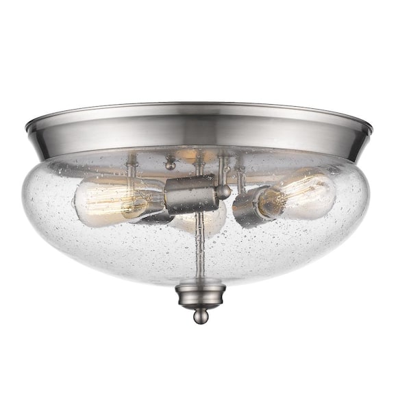 Unbranded 13.25 in. 3-Light Brushed Nickel Flush Mount with Clear Seedy Shade