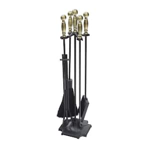 Carlisle 30.5 in. Tall 5-Piece Antique Brass and Black Fireplace Tool Set