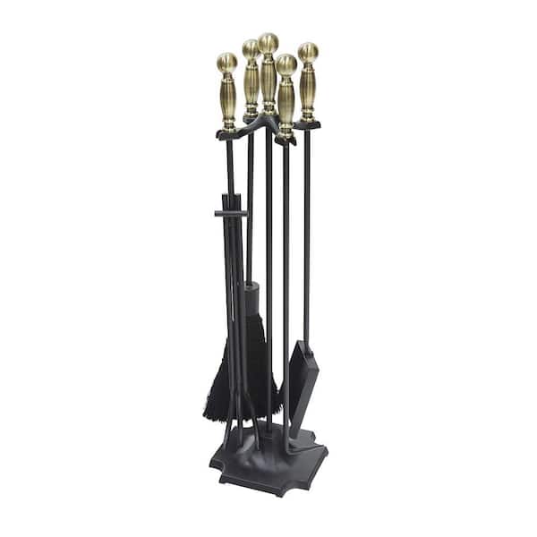ACHLA DESIGNS Carlisle 30.5 in. Tall 5-Piece Antique Brass and Black Fireplace Tool Set