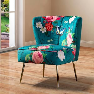 Amata Contemporary and Classic Blue Comfy Elegant Pattern Side Chair with Tufted Back and Metal Base