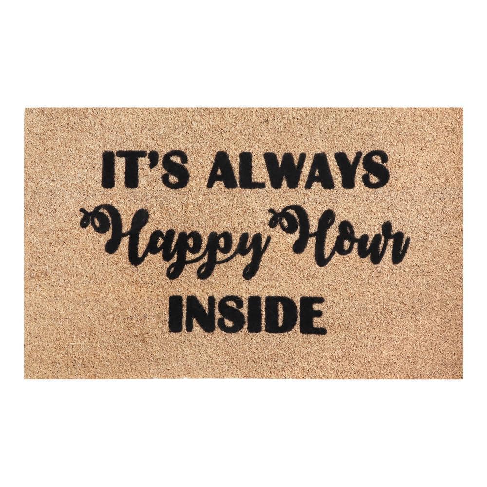 Happy Hour Black Natural Coir Outdoor Welcome Doormat, 24" x 36"