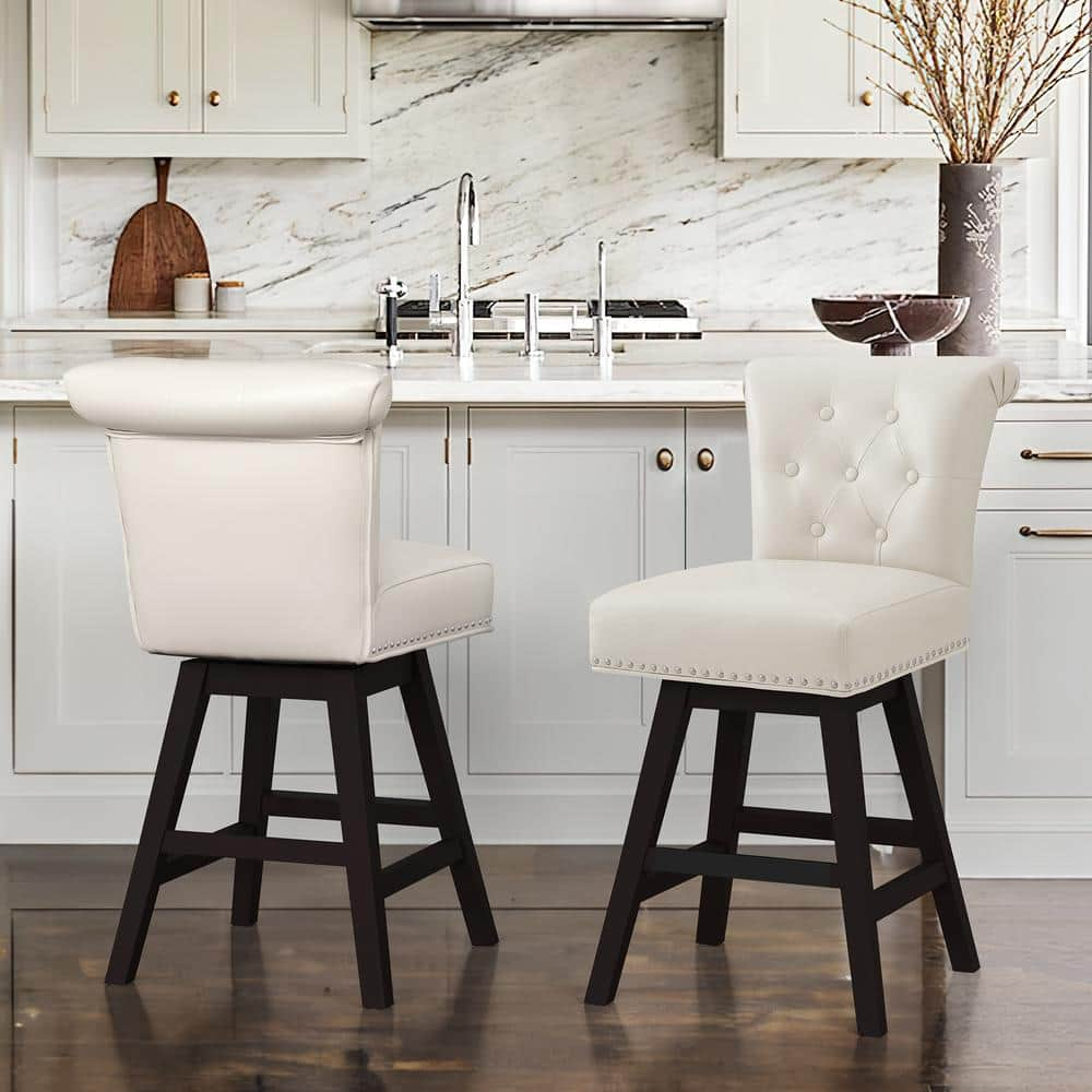 Cozyman 26 In. White Faux Leather Swivel Barstool Solid Wood Counter 