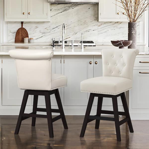 cozyman 26 in. White Faux Leather Swivel Barstool Solid Wood Counter ...