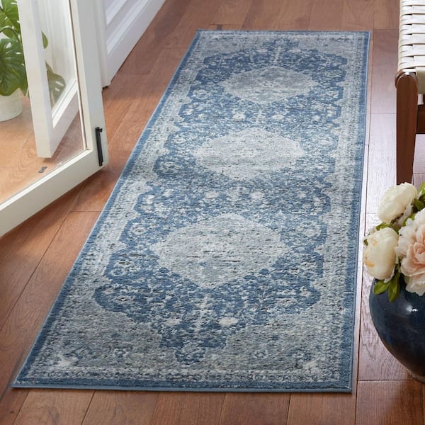 Oregon 2 ft. x 7 ft. Navy/Ivory Distressed Border Runner Rug