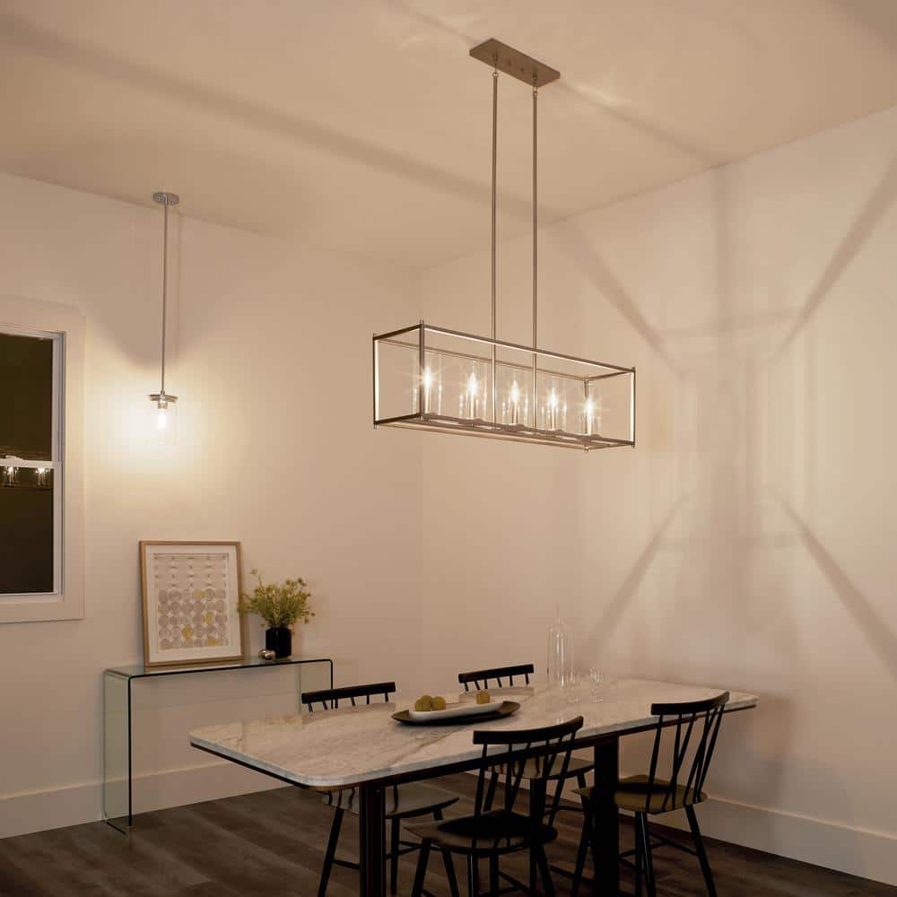 Sleek 5-Candle Linear Chandelier in Brushed Nickel with Clear Glass