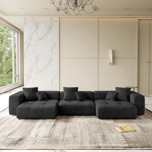 Magic Home 144 in. Oversized Square Arm Linen Rectangle Modular Sectional Sofa 3-Seater in Black