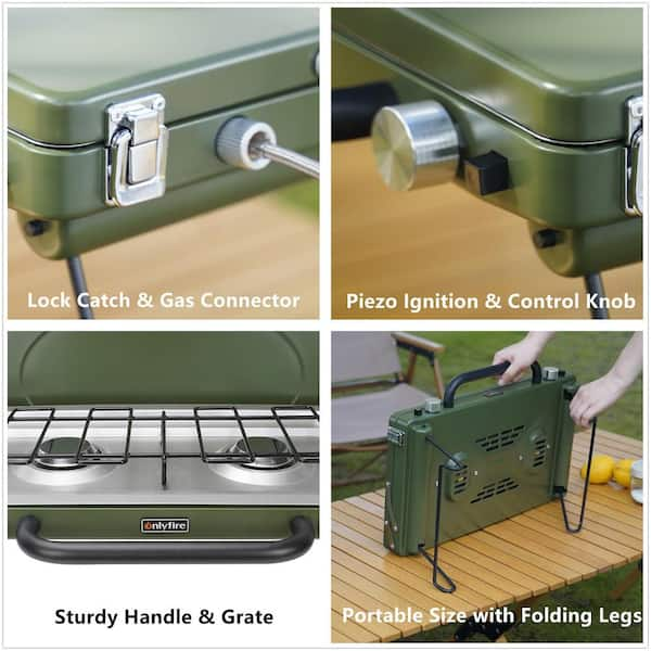 onlyfire 2-Burner Portable Propane Gas Grill Griddle Camp Stove in Green  with Foldable Legs, Heavy-Duty Latch & Handle THT144-BK - The Home Depot