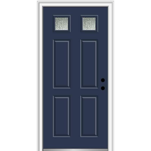 MMI DOOR Rain Glass 30 in. x 80 in. Left-Hand/Inswing Painted Revival Blue Fiberglass Prehung Front Door on 4-9/16 in. Frame