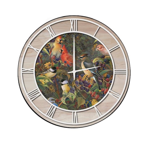 Unbranded "Berry Bush Songbirds" Woodgrain Accent and White Numbers Imaged Wall Clock