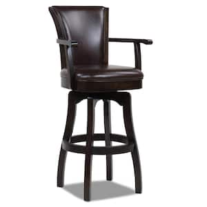 Williams 31 in. Brown Faux Leather Modern Rustic High Back Swivel Bar Stool with Armrests and Wood Frame