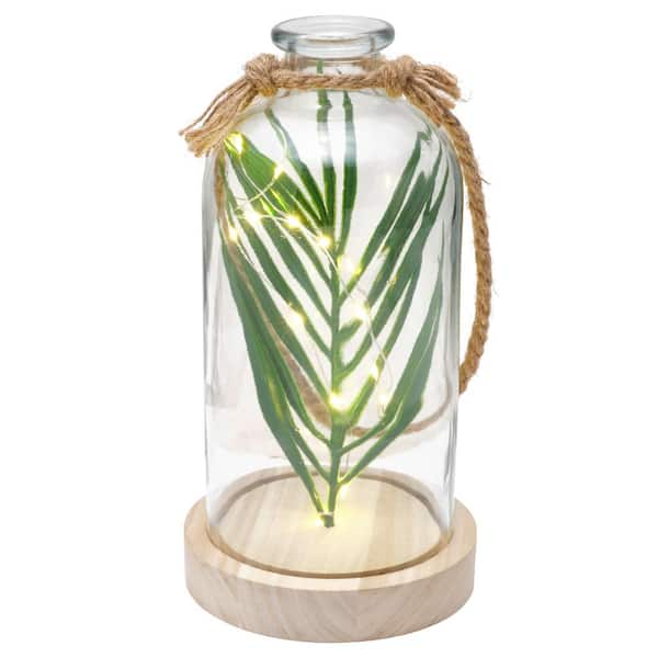 Mikasa 10 in. Glass Bottle with Faux Palm Leaf and LED Decorative Accessory, Multicolored