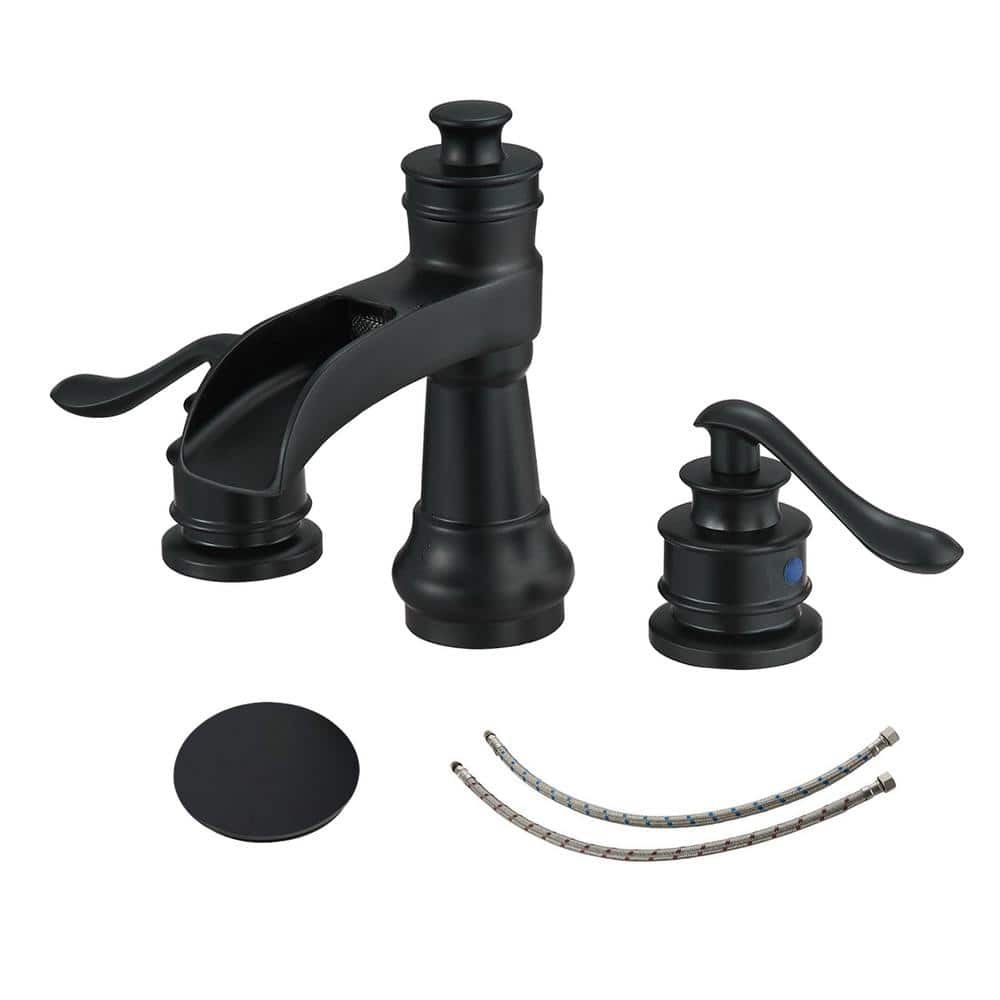 Dimakai 8 in. Waterfall Widespread 2-Handle Bathroom Faucet With Pop-up Drain Assembly in Spot Resist Matte Black