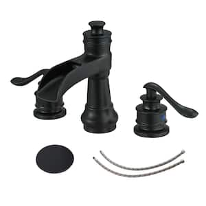 8 in. Waterfall Widespread 2-Handle Bathroom Faucet With Pop-up Drain Assembly in Spot Resist Matte Black