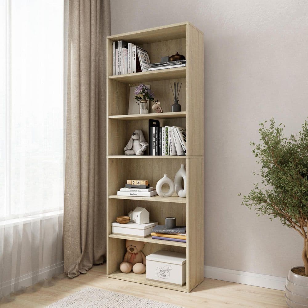 63.23 in. Tall Natural Oak Wood 6-Shelf Etagere Bookcase with Adjustable Shelves