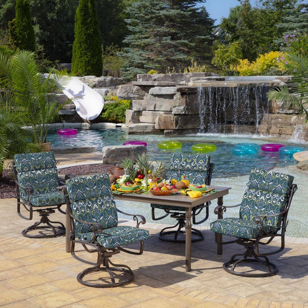Sapphire Aurora Blue Damask Outdoor Dining Chair Cushion