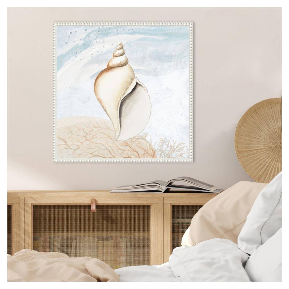 Beaded White Conch Shell Nautical Framed Canvas Art