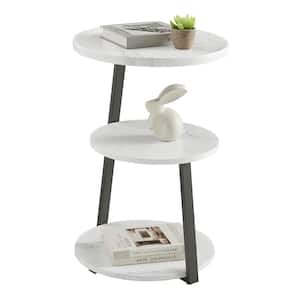Skylar 15.75 in. MDF 3-Tier Side Table with Raised Lip and Modern Metal Asymmetric Pedestal Legs - White Marble/Black