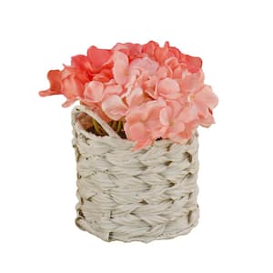 10 in. Artificial Floral Arrangements Hydrangea in Basket Color: Coral