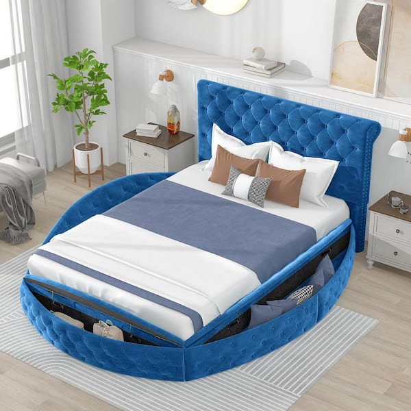 ANBAZAR Blue 87 in. W Queen Size Round Shape Upholstered Platform Bed, Low Wooden Platform Bed Frame with Large Storage Space