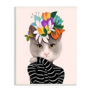 Bold Floral Design Grey Cat Striped Sweater by Ioana Horvat Unframed Animal Art Print 15 in. x 10 in.