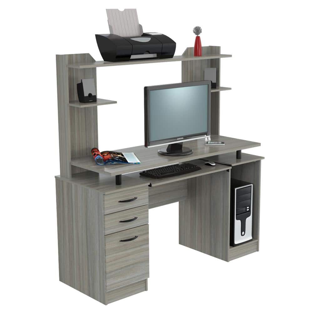 Smoke Oak Computer Work Center with Hutch and Storage